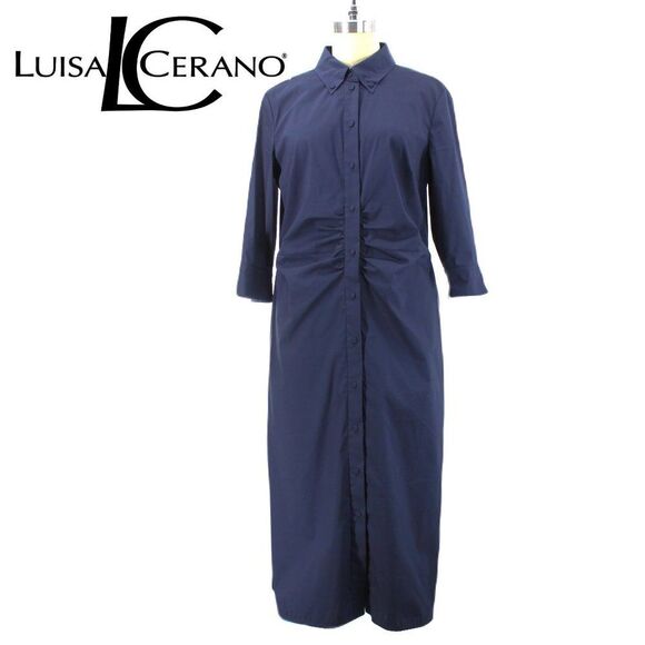Luisa Cerano Dresses & Skirts - LUISA CERANO Dark Blue Cotton Stretch Shirt Dress Ruched Front Button Midi SZ 10